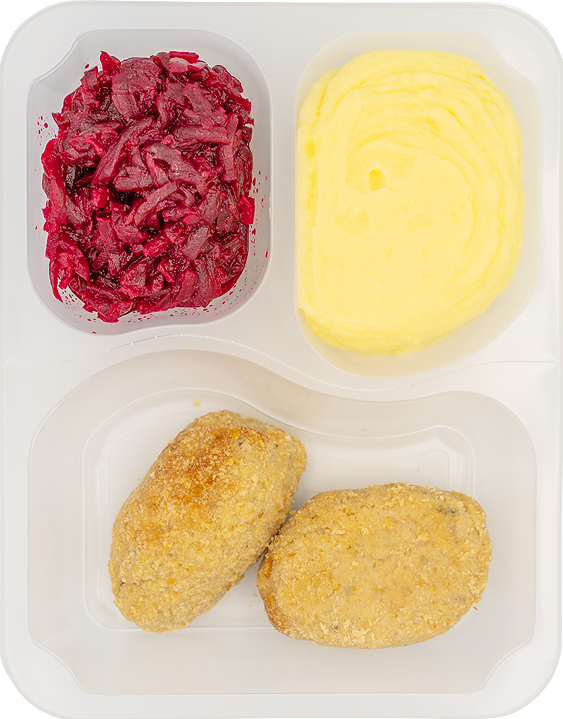 Kotlet pożarski, puree ziemniaczane, buraczki na ciepło