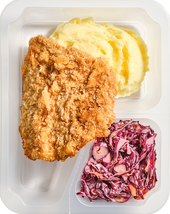 Schabowy z puree ziemniaczanym i surówką z czerwonej kapusty
