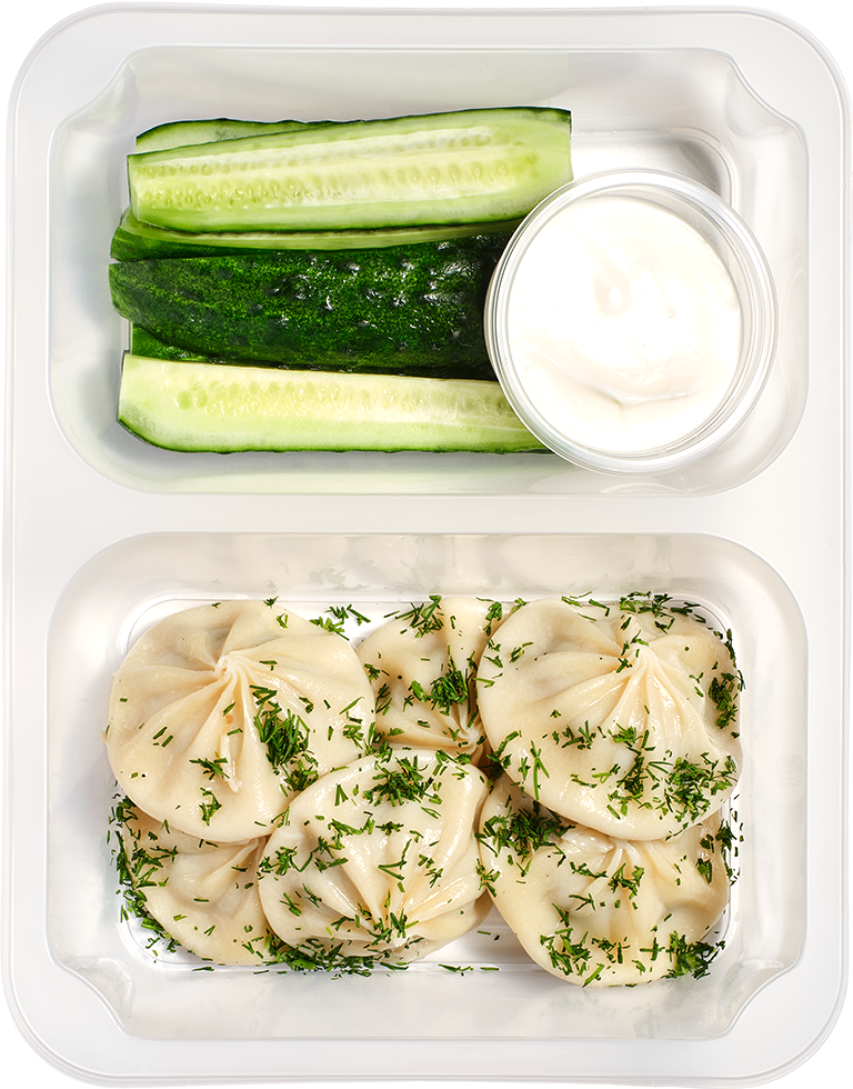 Pierożki khinkali wołowo-wieprzowe z ogórkami małosolnymi