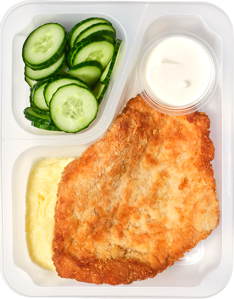 Schabowy z puree ziemniaczanym i mizerią