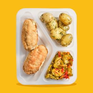 Devolay z ziemniakami z koperkiem i sałatką szwedzką