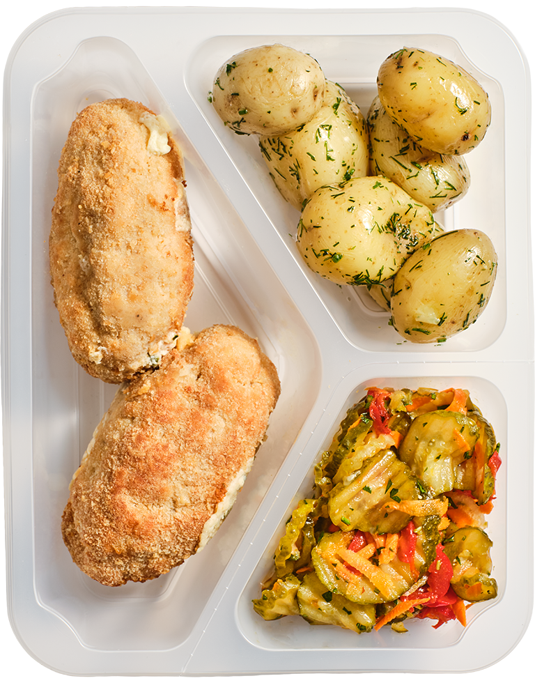 Devolay z ziemniakami z koperkiem i sałatką szwedzką