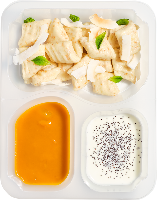 Basic - Kluski leniwe z jogurtem i musem mango, chipsy z kokosa