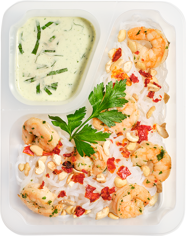 Keto fusion - Makaron konjac w sosie śmietanowym z krewetkami, orzechami nerkowca i natką pietruszki