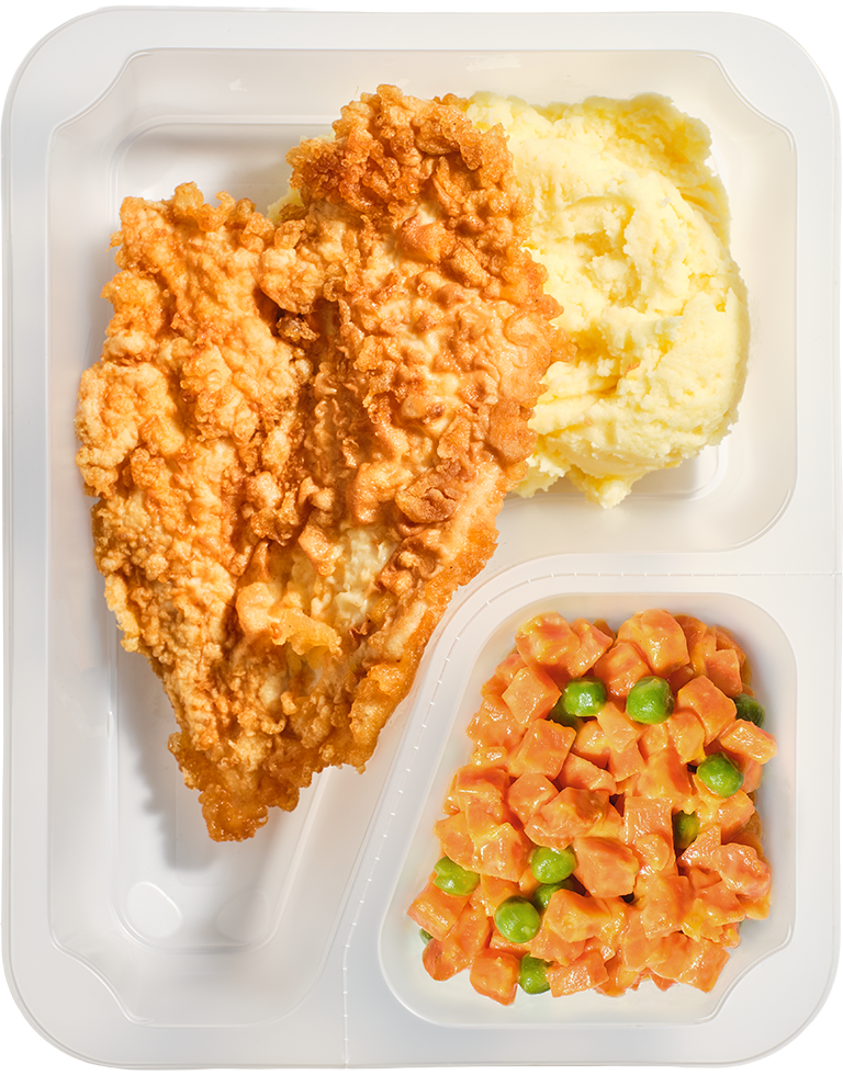 Kotlet paryski z puree ziemniaczanym i marchewką z groszkiem