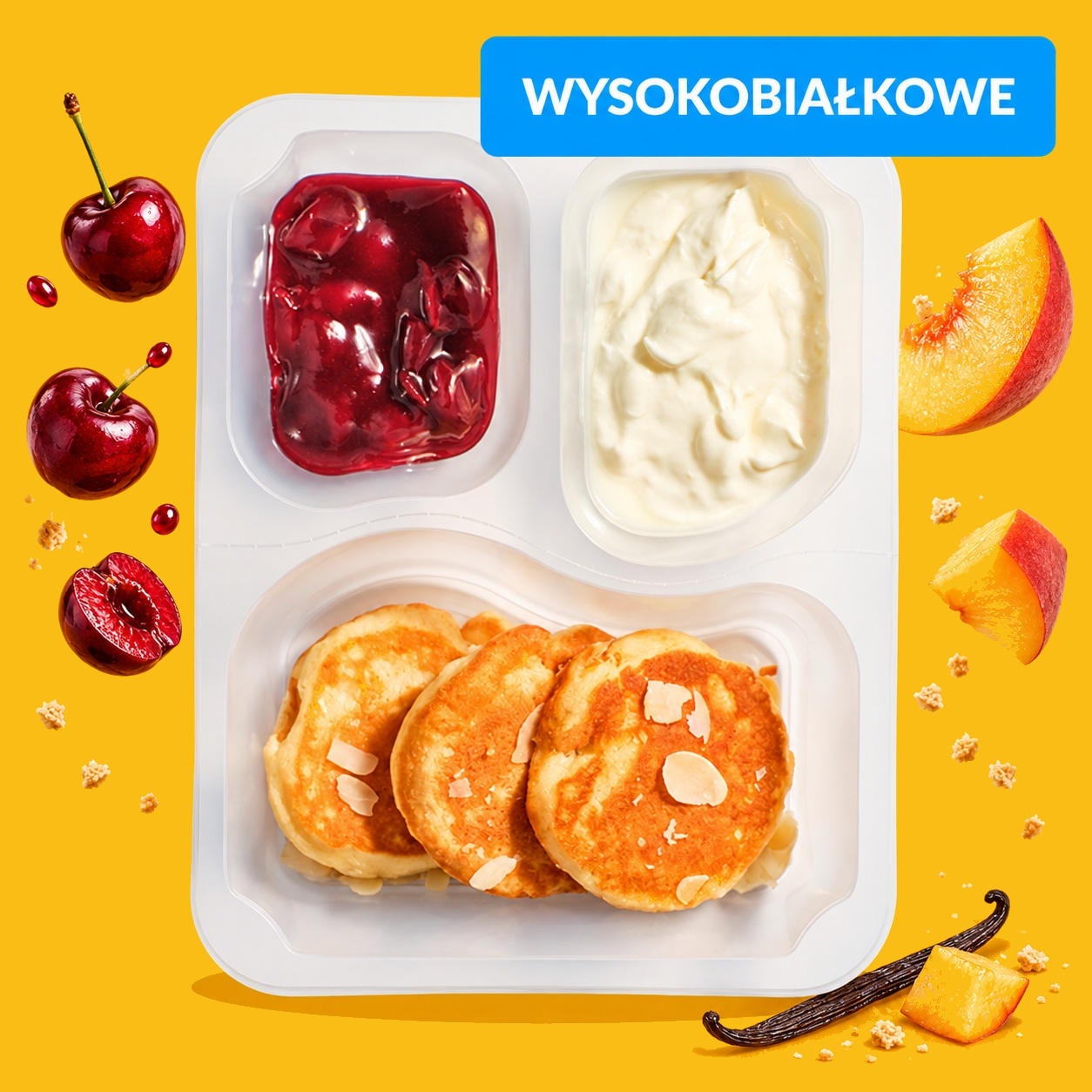 Pancakes, skyr z brzoskwinią i marakują, konfitura wiśniowa