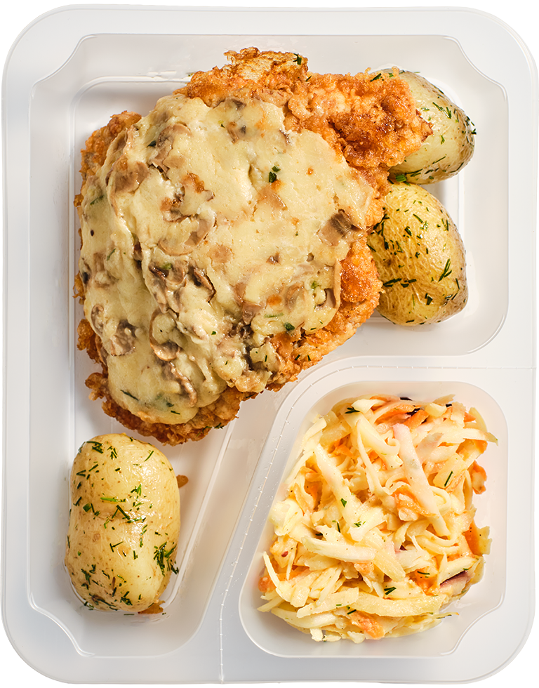 Schabowy Vikinga, ziemniaki z koperkiem, surówka z selera z żurawiną