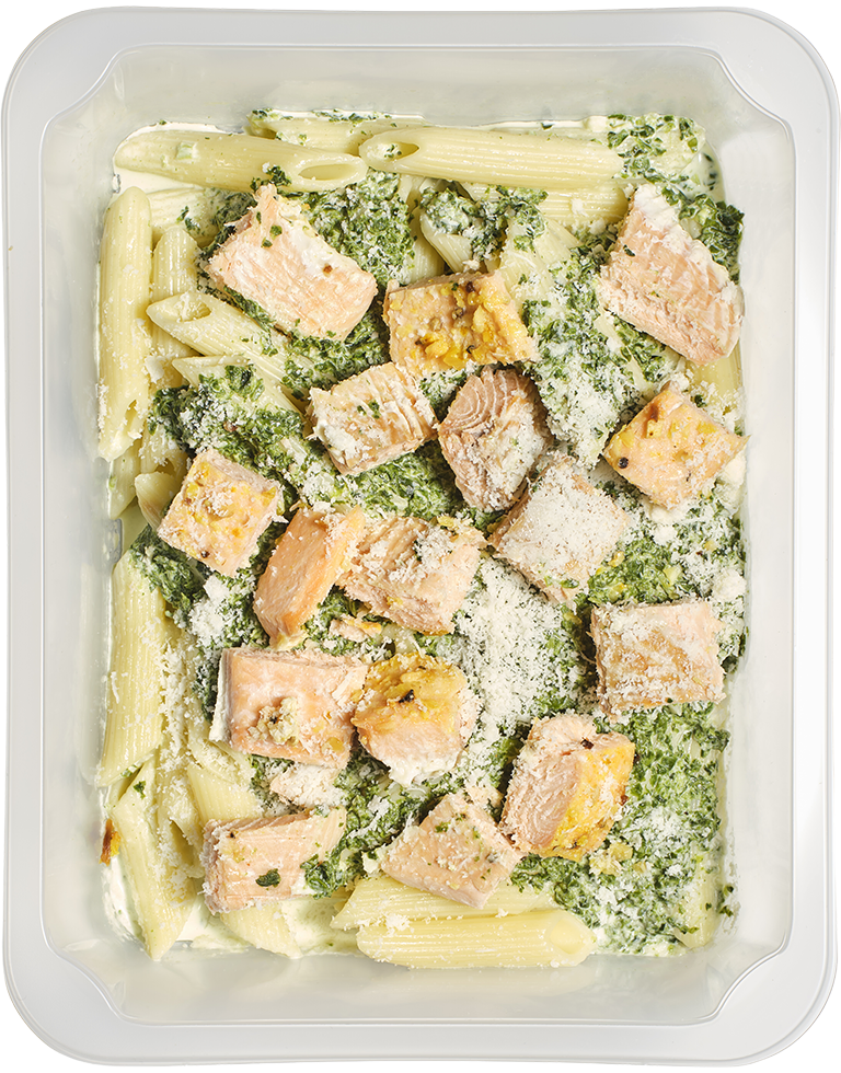 Makaron penne z pieczonym łososiem, sosem szpinakowym i serem dojrzewającym