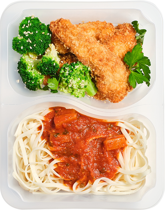 Ekonomiczna - Stripsy z kurczaka z makaronem chow mein z sosem słodko-kwaśnym, brokułem i sezamem